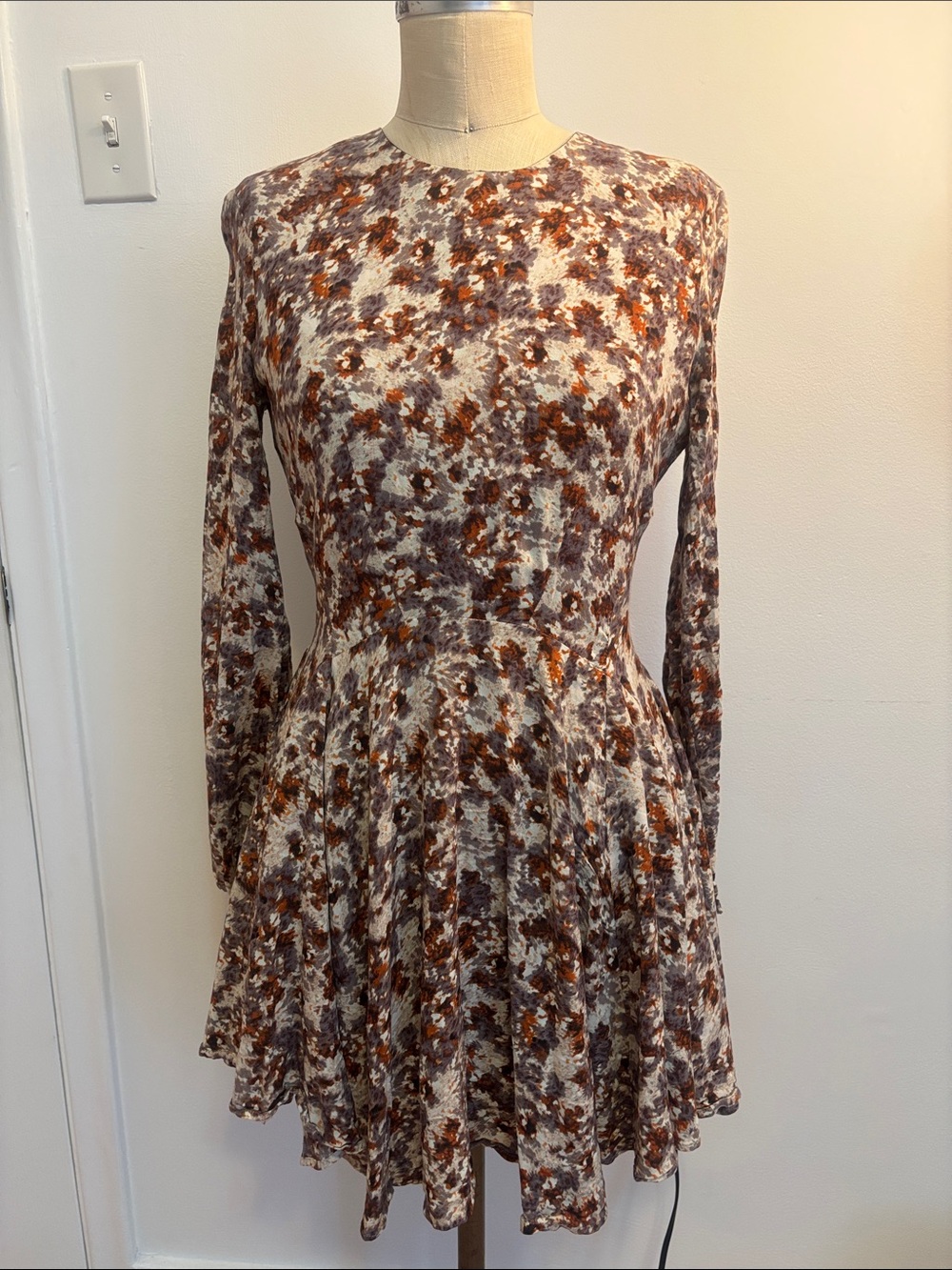 H&M Long Sleeve Floral Skater Dress in Brown and Cream